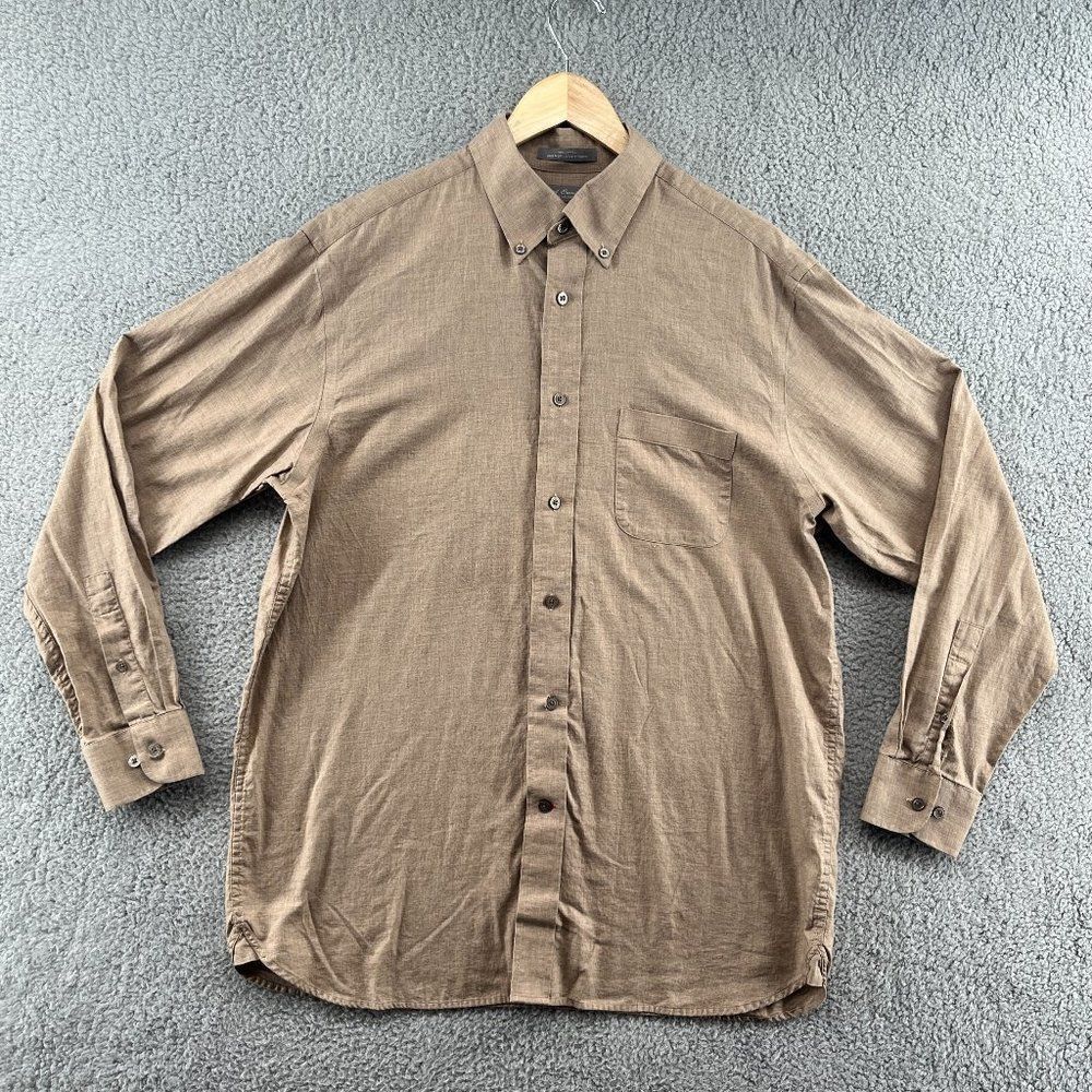 daniel cremieux mens button down up shirt Size Lagre long sleeve tan cotton